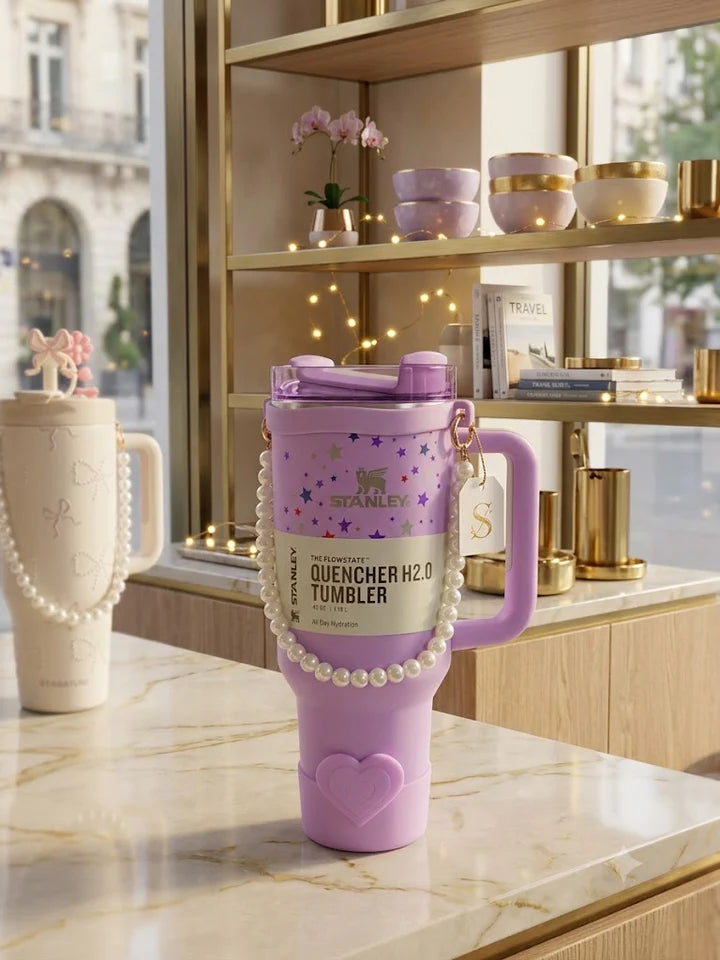 Aesthetic Stanley Quencher H2.0 (40oz) – Lavender Dreams with Pearl Chain (PD)