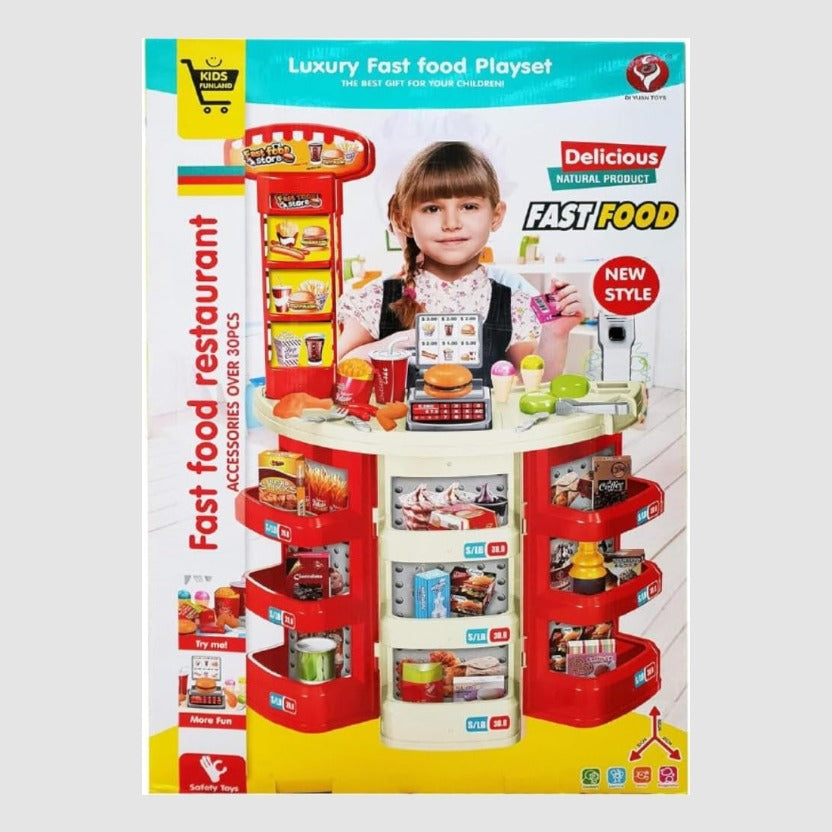Kids Fashion Fast Food Restaurant Children's Playset Cooking Food Role Portable Red Electronic Lights boy & girl toys,[PD]
