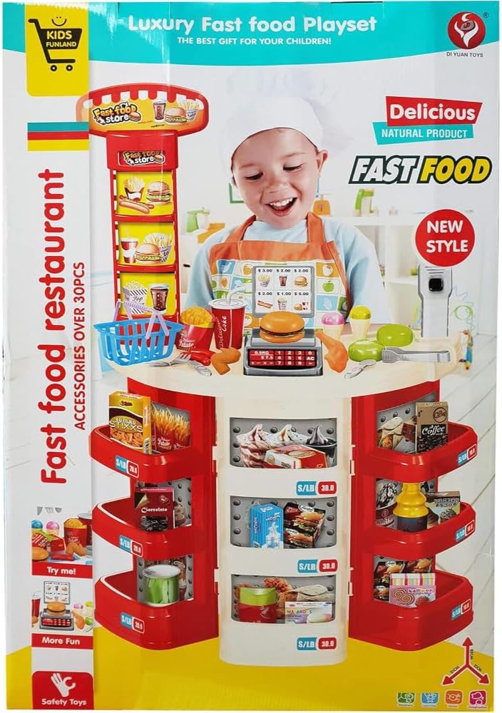 Kids Fashion Fast Food Restaurant Children's Playset Cooking Food Role Portable Red Electronic Lights boy & girl toys,[PD]