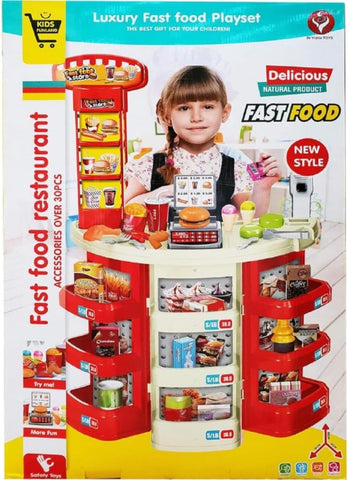 Kids Fashion Fast Food Restaurant Children's Playset Cooking Food Role Portable Red Electronic Lights boy & girl toys,[PD]