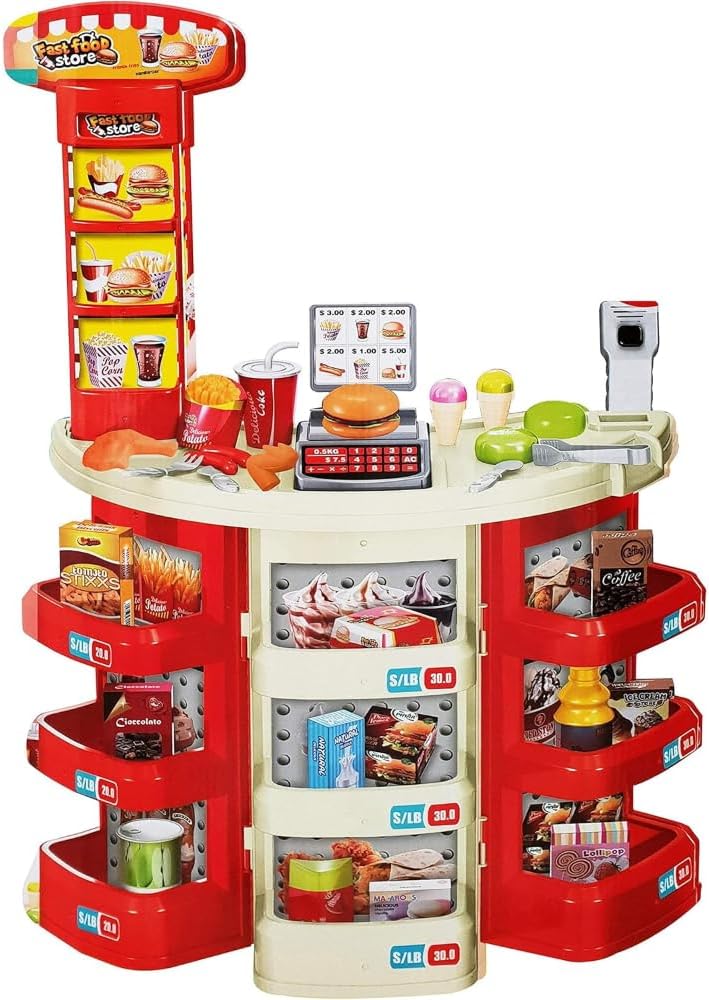 Kids Fashion Fast Food Restaurant Children's Playset Cooking Food Role Portable Red Electronic Lights boy & girl toys,[PD]