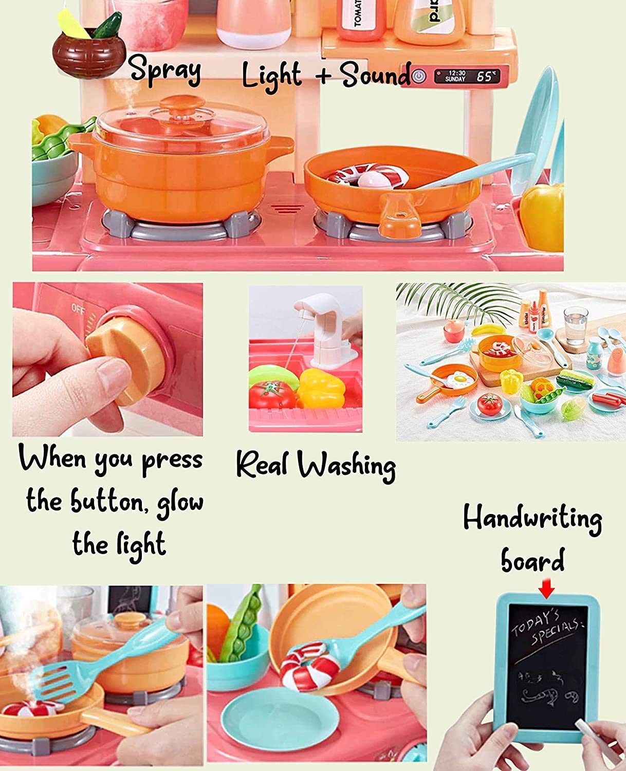 Kitchen Set Toys with 42 Pcs Lights & Sounds, Play Sink with Running Water, Dessert Shelf Toy & Accessories Kitchen Set [PD]