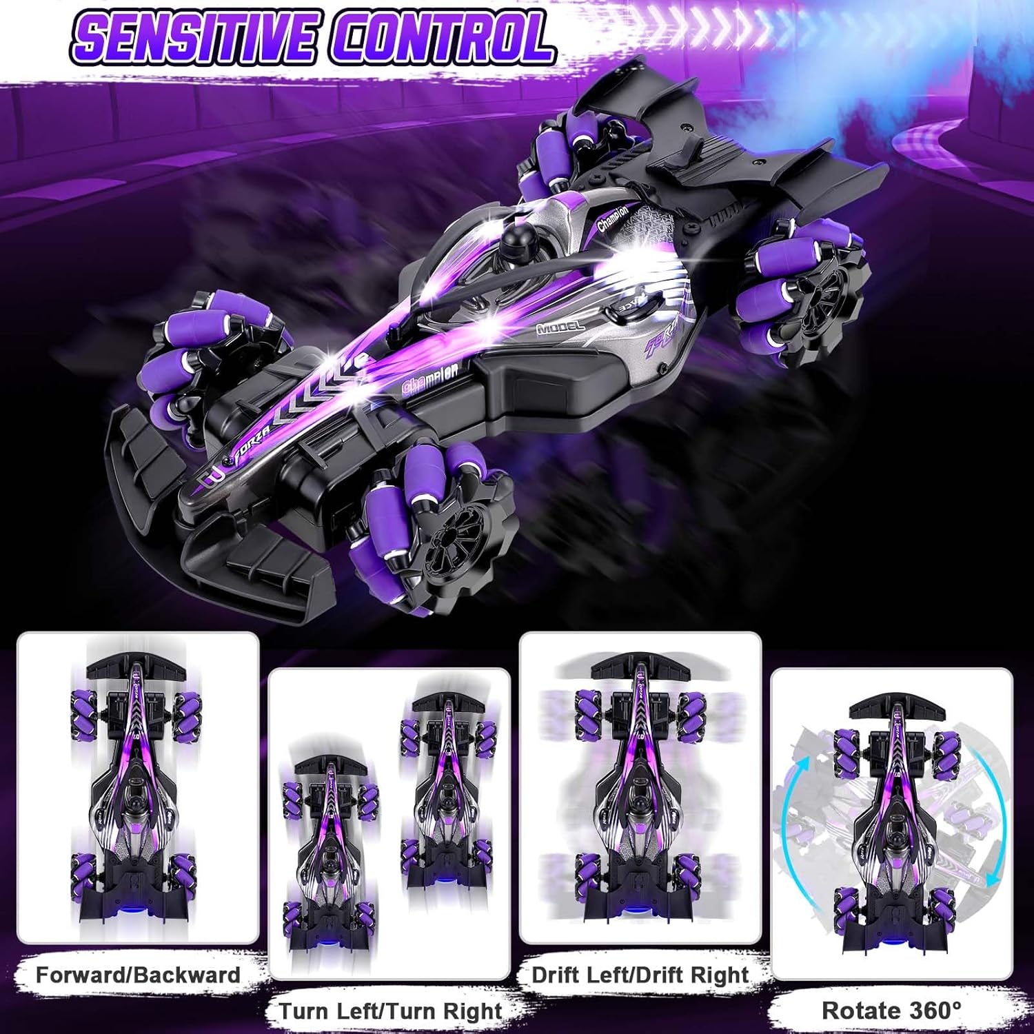 Coikes Remote Controlled Car, 2.4GHz RC Stunt Car with Spray Light, Music, 4WD Off Road Drift RC Car , [PD]