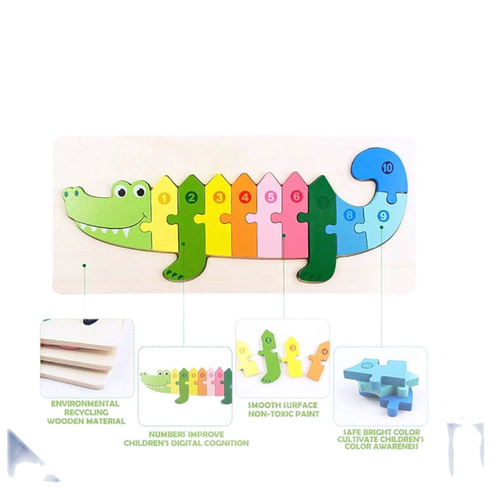 Colorful Wooden Crocodiles Shaped Puzzle with Numerical Number [PD][1Pc] - Kaliber