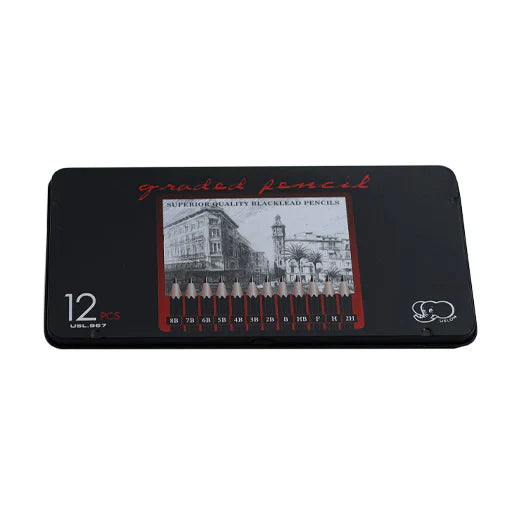 Sketching Pencil Set of 12 Black Tin Case [PD][1Set] - Kaliber