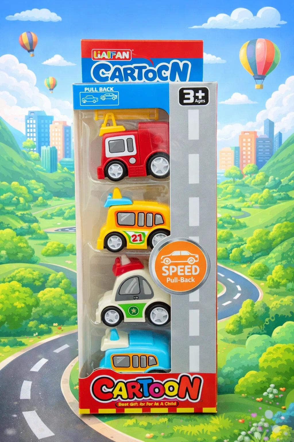Cartoon Pull-Back Car Toy Set – 4 Mini Vehicles for Kids [PD.]